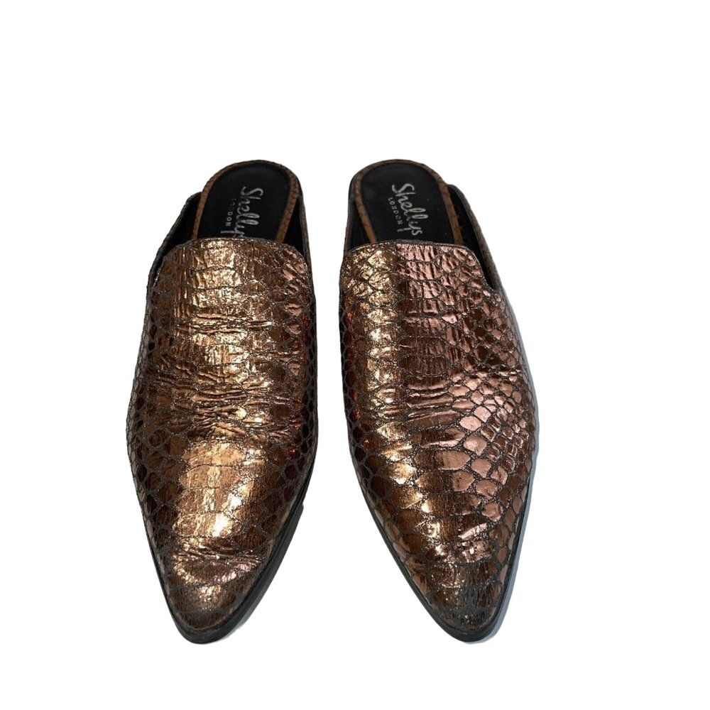 Shellys London 8.5 womens mule slide (39) Copper Textured‎ Reptile embossed